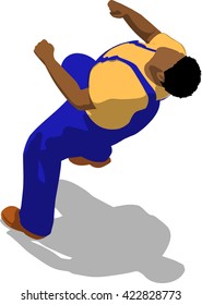 Street fighter getting hit to head. African fat man in a blue overalls and a yellow t-shirt. 3d flat isometric.