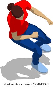 Street fighter getting hit to head. Young athletic woman in red t-shirt and blue tights. 3d flat isometric.