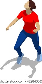 Street fighter getting hit to head. Young athletic woman in red t-shirt and blue tights. 3d flat isometric.