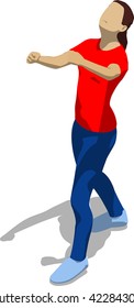 Street fighter getting hit to head. Young athletic woman in red t-shirt and blue tights. 3d flat isometric.
