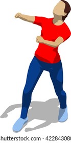 Street fighter getting hit to head. Young athletic woman in red t-shirt and blue tights. 3d flat isometric.