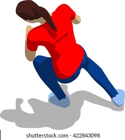 Street fighter getting hit to head. Young athletic woman in red t-shirt and blue tights. 3d flat isometric.