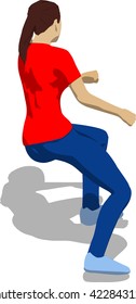 Street fighter getting hit to head. Young athletic woman in red t-shirt and blue tights. 3d flat isometric.