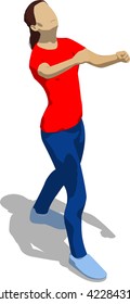 Street fighter getting hit to head. Young athletic woman in red t-shirt and blue tights. 3d flat isometric.