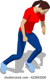 Street fighter getting hit to head. Young athletic woman in red t-shirt and blue tights. 3d flat isometric.