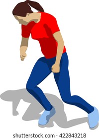Street fighter getting hit to head. Young athletic woman in red t-shirt and blue tights. 3d flat isometric.