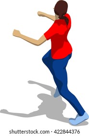 Street fighter getting hit to head. Young athletic woman in red t-shirt and blue tights. 3d flat isometric.