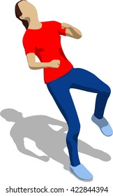 Street fighter getting hit to head. Young athletic woman in red t-shirt and blue tights. 3d flat isometric.