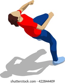 Street fighter getting hit to head. Young athletic woman in red t-shirt and blue tights. 3d flat isometric.