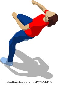 Street fighter getting hit to head. Young athletic woman in red t-shirt and blue tights. 3d flat isometric.