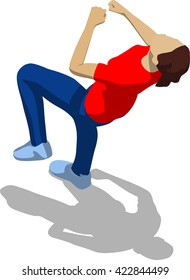 Street fighter getting hit to head. Young athletic woman in red t-shirt and blue tights. 3d flat isometric.