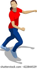 Street fighter getting hit to head. Young athletic woman in red t-shirt and blue tights. 3d flat isometric.