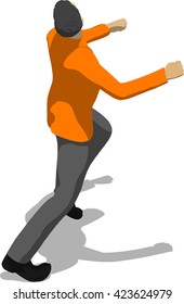 Street fighter getting hit to head. Young thin man in orange shirt. 3d flat isometric.