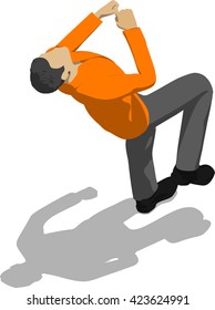 Street fighter getting hit to head. Young thin man in orange shirt. 3d flat isometric.