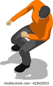 Street fighter getting hit to head. Young thin man in orange shirt. 3d flat isometric.