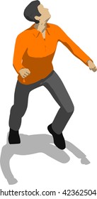 Street fighter getting hit to head. Young thin man in orange shirt. 3d flat isometric.