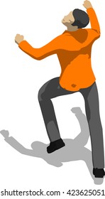 Street fighter getting hit to head. Young thin man in orange shirt. 3d flat isometric.