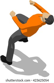 Street fighter getting hit to head. Young thin man in orange shirt. 3d flat isometric.