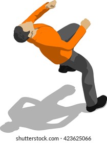 Street fighter getting hit to head. Young thin man in orange shirt. 3d flat isometric.