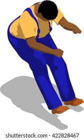 Street fighter getting hit to trunk. African fat man in a blue overalls and a yellow t-shirt. 3d flat isometric.