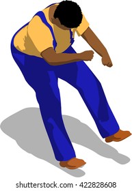 Street fighter getting hit to trunk. African fat man in a blue overalls and a yellow t-shirt. 3d flat isometric.