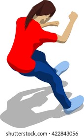 Street fighter getting hit to trunk. Young athletic woman in red t-shirt and blue tights. 3d flat isometric.