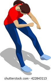 Street fighter getting hit to trunk. Young athletic woman in red t-shirt and blue tights. 3d flat isometric.