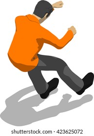 Street fighter getting hit to trunk. Young thin man in orange shirt. 3d flat isometric.