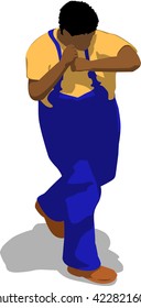 Street fighter hitting with an elbow to head. African fat man in a blue overalls and a yellow t-shirt. 3d flat isometric.