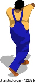 Street fighter hitting with an elbow to head. African fat man in a blue overalls and a yellow t-shirt. 3d flat isometric.