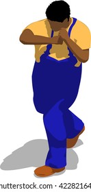 Street fighter hitting with an elbow to head. African fat man in a blue overalls and a yellow t-shirt. 3d flat isometric.