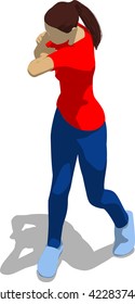 Street fighter hitting with an elbow to head. Young athletic woman in red t-shirt and blue tights. 3d flat isometric.