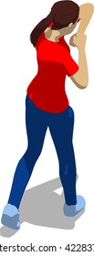 Street fighter hitting with an elbow to head. Young athletic woman in red t-shirt and blue tights. 3d flat isometric.