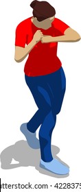 Street fighter hitting with an elbow to head. Young athletic woman in red t-shirt and blue tights. 3d flat isometric.