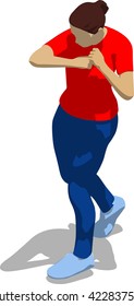Street fighter hitting with an elbow to head. Young athletic woman in red t-shirt and blue tights. 3d flat isometric.