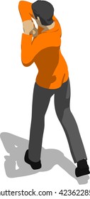 Street fighter hitting with an elbow to head. Young thin man in orange shirt. 3d flat isometric.