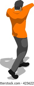 Street fighter hitting with an elbow to head. Young thin man in orange shirt. 3d flat isometric.