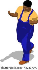 Street fighter hitting with a fist to head. African fat man in a blue overalls and a yellow t-shirt. 3d flat isometric.