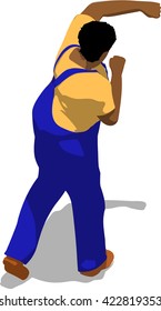 Street fighter hitting with a fist to head. African fat man in a blue overalls and a yellow t-shirt. 3d flat isometric.