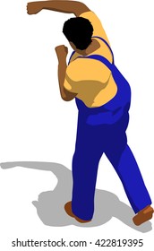 Street fighter hitting with a fist to head. African fat man in a blue overalls and a yellow t-shirt. 3d flat isometric.