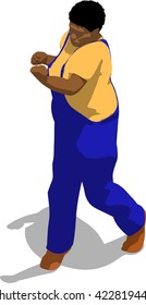 Street fighter hitting with a fist to head. African fat man in a blue overalls and a yellow t-shirt. 3d flat isometric.