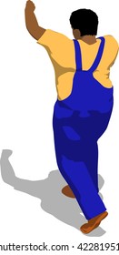 Street fighter hitting with a fist to head. African fat man in a blue overalls and a yellow t-shirt. 3d flat isometric.