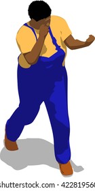 Street fighter hitting with a fist to head. African fat man in a blue overalls and a yellow t-shirt. 3d flat isometric.