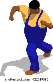 Street fighter hitting with a fist to head. African fat man in a blue overalls and a yellow t-shirt. 3d flat isometric.