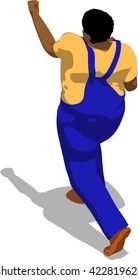 Street fighter hitting with a fist to head. African fat man in a blue overalls and a yellow t-shirt. 3d flat isometric.