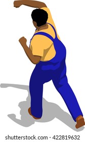 Street fighter hitting with a fist to head. African fat man in a blue overalls and a yellow t-shirt. 3d flat isometric.