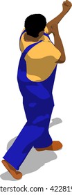 Street fighter hitting with a fist to head. African fat man in a blue overalls and a yellow t-shirt. 3d flat isometric.