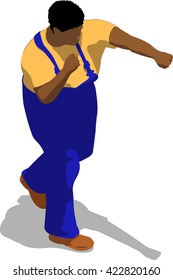 Street fighter hitting with a fist to head. African fat man in a blue overalls and a yellow t-shirt. 3d flat isometric.