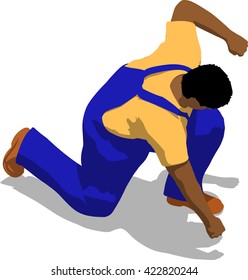 Street fighter hitting with a fist to head. African fat man in a blue overalls and a yellow t-shirt. 3d flat isometric.