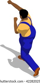 Street fighter hitting with a fist to head. African fat man in a blue overalls and a yellow t-shirt. 3d flat isometric.